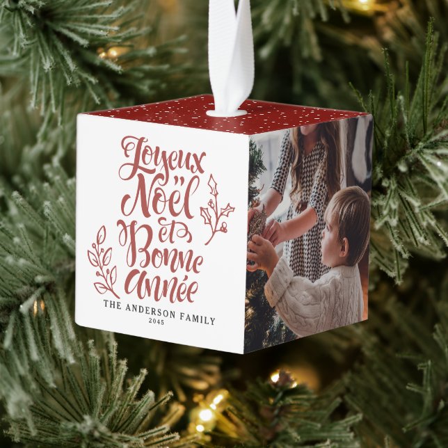 Adorno Cúbico Red Joyeux Noël y Bonne Année Photo (Árbol)