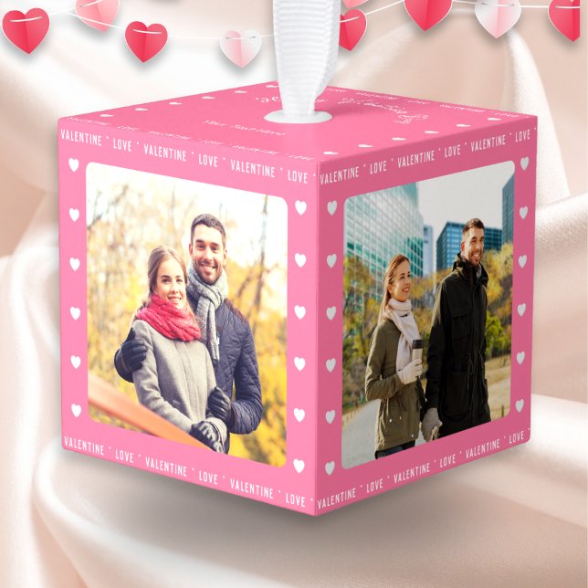 Adorno Cúbico Regalo El día de San Valentín personalizado con mu (A pink cube hanging ornament for Valentine's Day, to personalize with your own photos and text)
