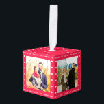 Adorno Cúbico Regalo personalizado del Día de San Valentín con v<br><div class="desc">Celebra tu historia de amor con este elegante adorno de cubo de fotos rojo. Perfecto para mostrar recuerdos favoritos, este cubo lindo presenta 4 de tus propias fotos, dispuestas alrededor de los lados. En la parte superior del cubo está el saludo 'Feliz Día de San Valentín' en tipografía de letra...</div>