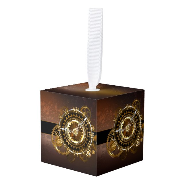 Adorno Cúbico Reloj de vapor con engranajes antiguos (Anverso en perspectiva)