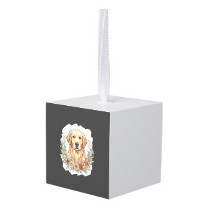 Adorno Cúbico Retriever Dorado Floral Sublimación