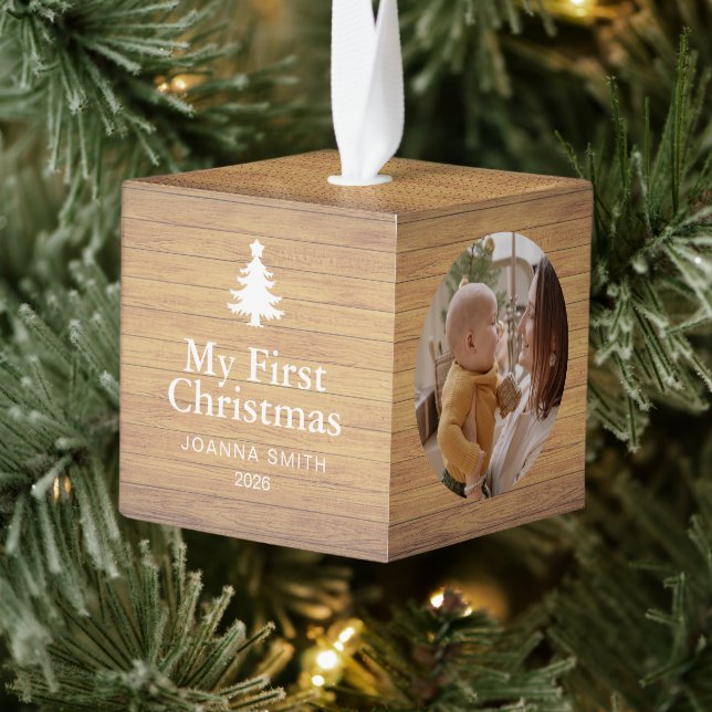 Adorno Cúbico Rustic Wood Baby's First Christmas Name Photo  (Árbol)