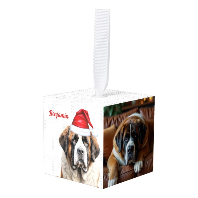 Adorno Cúbico Saint Bernard Dog Two Photo Christmas Holiday (Anverso en perspectiva)