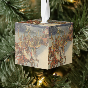 Adorno Cúbico Santa Claus Vintage de Navidad Trineo con Reno
