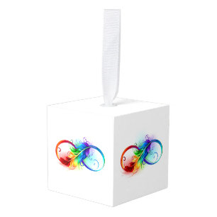 Adorno Cúbico Símbolo infinito con plumas arcoiris
