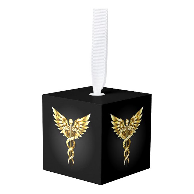 Adorno Cúbico Símbolo poligonal de oro Caduceus (Anverso en perspectiva)