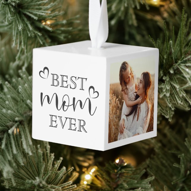 Adorno Cúbico Simple Elegant Script Best Mom Ever Custom Photo  (Árbol)