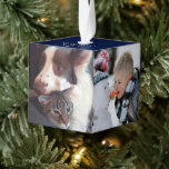 Adorno Cúbico Simple personalizado 4 fotos azul<br><div class="desc">Crea tu propio ornamento de cubo de collage de fotos personalizado con plantillas de carga fáciles para 4 imágenes de sangrado completo en cada lado y tu texto personalizado en la parte superior. Elija el estilo y el color de su fuente, así como cambie el color azul superior e inferior...</div>