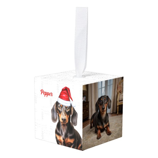 Adorno Cúbico Smooth Dachshund Two Photo Christmas Holiday (Anverso en perspectiva)