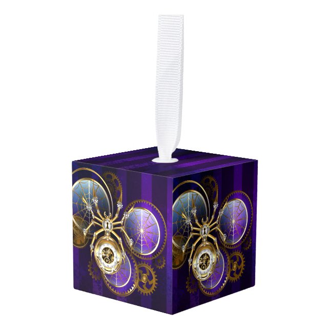 Adorno Cúbico Spider Steampunk sobre fondo morado (Anverso en perspectiva)