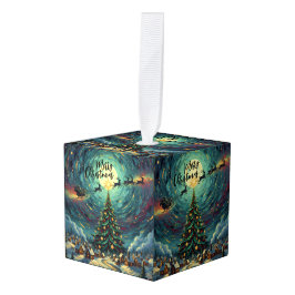 Adorno Cúbico Starry Night Wooden Cube Christmas Ornament