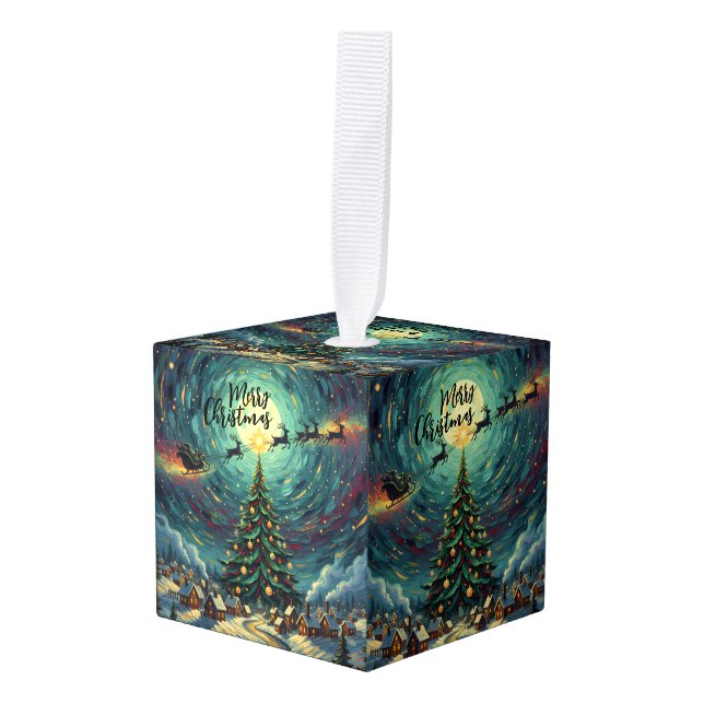 Adorno Cúbico Starry Night Wooden Cube Christmas Ornament (Anverso en perspectiva)
