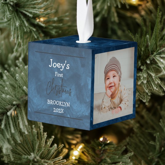 Adorno Cúbico tema azul bebé primera Navidad tres Foto (Árbol)