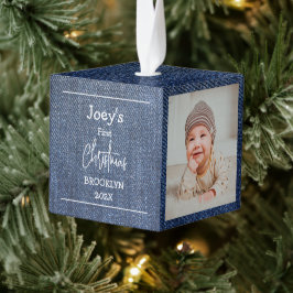 Adorno Cúbico tema azul. bebé primera Navidad tres Foto