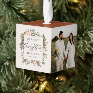 Adorno Cúbico Terracotta Boho Floral First Christmas New