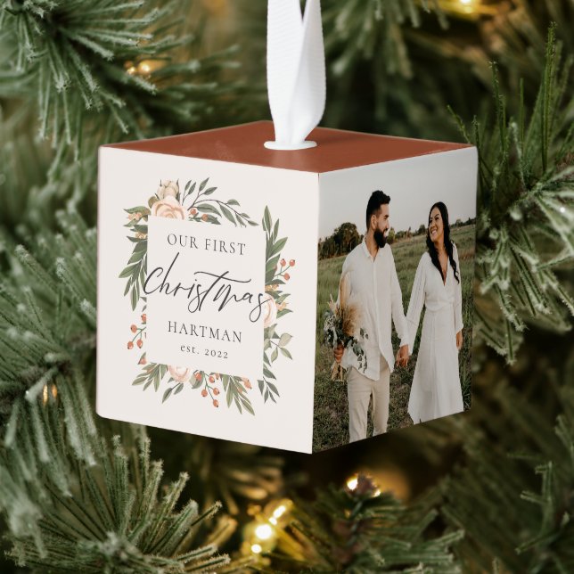 Adorno Cúbico Terracotta Boho Floral First Christmas New (Árbol)