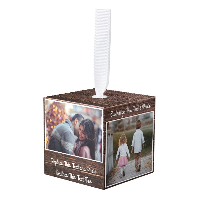 Adorno Cúbico Texto y foto personalizado / Madera de campo elega (Anverso en perspectiva)