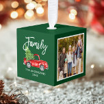 Adorno Cúbico Tu familia 4 Photo Vintage Red Truck Green<br><div class="desc">Su familia fotos 4 Collage de fotos Ornamento de cubo verde - Camión rojo de color de agua con árbol de Navidad</div>