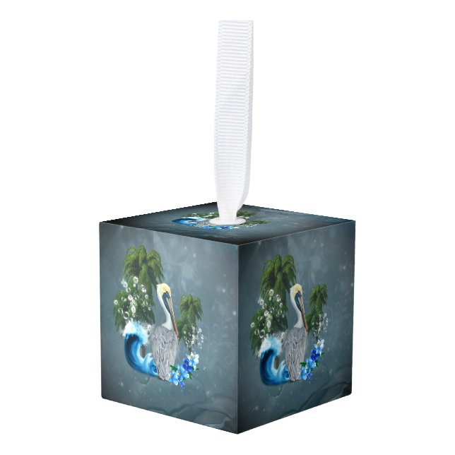 Adorno Cúbico Un pelícano maravilloso con olas y palmeras (Anverso en perspectiva)