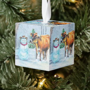 Adorno Cúbico Vaquero Snowman y Navidades de la granja de vacas