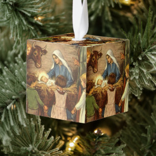 Adorno Cúbico Vintage Christmas, Religious Nativity w Baby Jesus