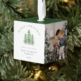 Adorno Cúbico Watercolor Pine Tree Forest Christmas Photo