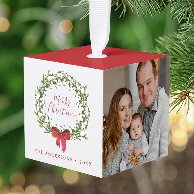 Adorno Cúbico Watercolor Snowberry Greenery Wreath Foto (Subido por el creador)