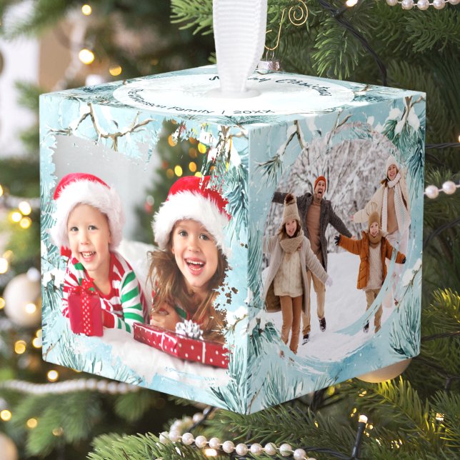 Adorno Cúbico Winter Frost Personalized Christmas Multi Photo (A festive multi photo Christmas cube ornament for the tree, with 4 custom photos, name and year)