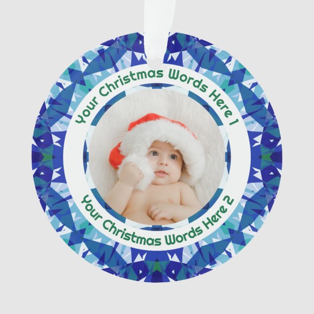 Adorno Custom Christmas Blue Green Family Photo Gift (Anverso)