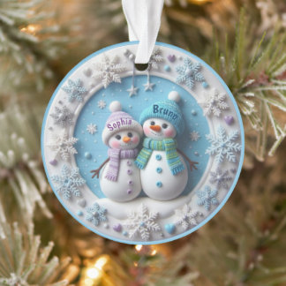 Adorno Custom name 2D Snowmen Couple Ornament