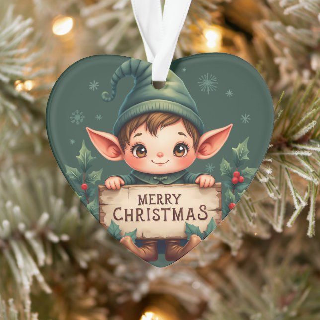 Adorno Cute Christmas Elf Holding Merry Sign Green (Árbol)
