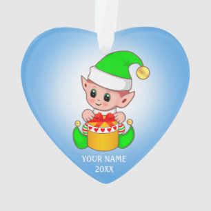 Adorno Cute Christmas Elf, nombre personalizado en azul c