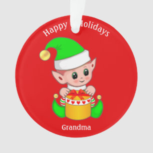 Adorno Cute Christmas Elf y Felices Fiestas Abuela en Roj