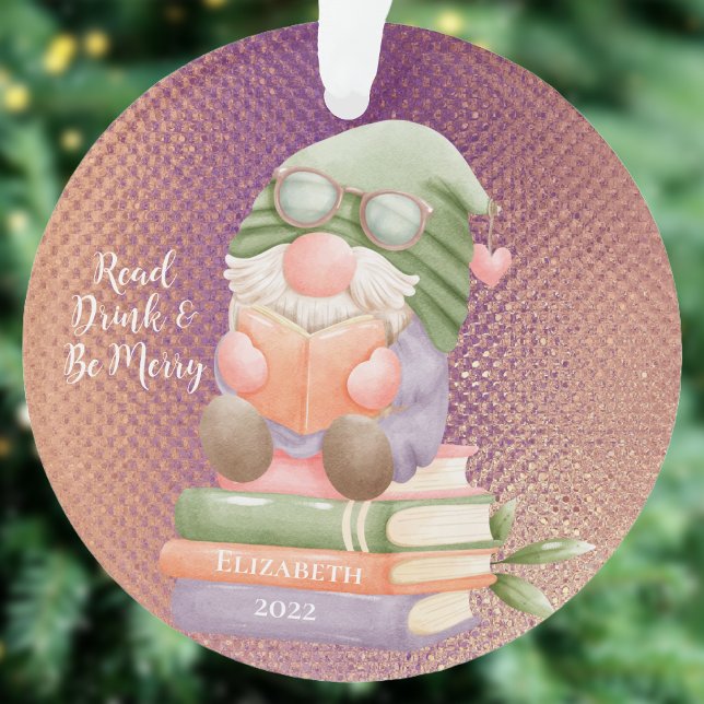 Adorno Cute Gnome Leer libro Rosegold Monogramado (Books Book Club Librariarn)