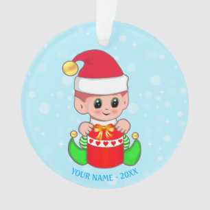 Adorno Cute Navidad Baby Elf, nombre personalizado en azu