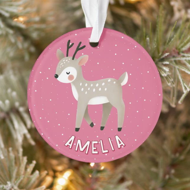 Adorno Cute Pink Reindeer Kid`s Name Christmas (Árbol)