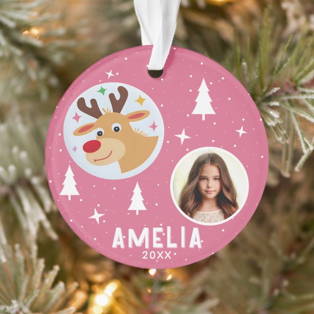 Adorno Cute Pink Reindeer Kid`s Name Photo Christmas (Árbol)