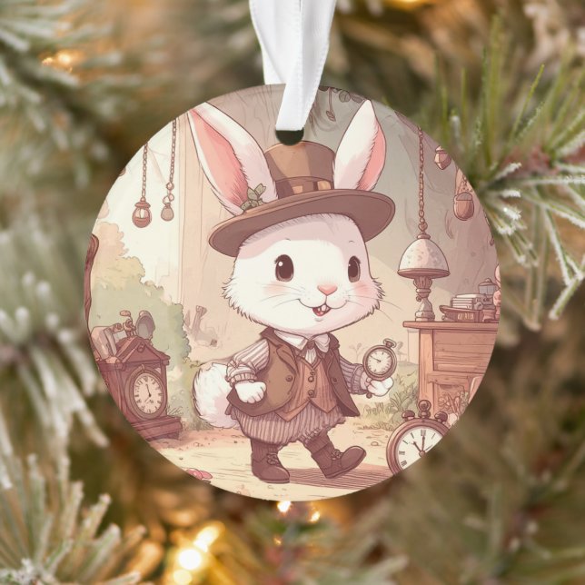 Adorno Cute White Rabbit Wonderland Whimsical Timekeeper (Árbol)