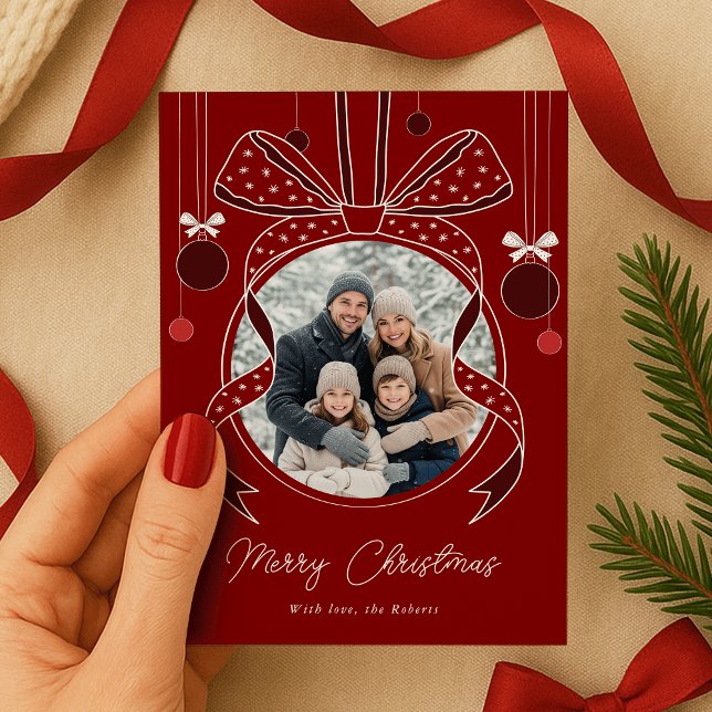 Adorno de bola de Navidad con lazo único Rojo una  (elegant whimsical bows Christmas ornament photo holiday cards in red and white)