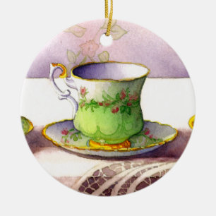 Adorno De Cerámica 0001 Teacup on Lace Ornament