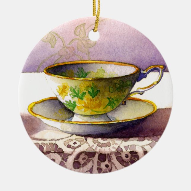 Adorno De Cerámica 0001 Teacup on Lace Ornament (Frente)