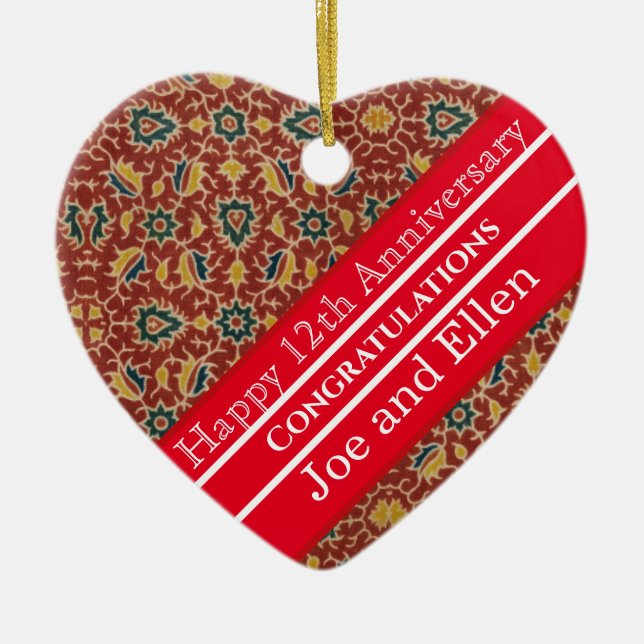 Adorno De Cerámica 12° Aniversario Boda, Aniversario de la Seda (Frente)