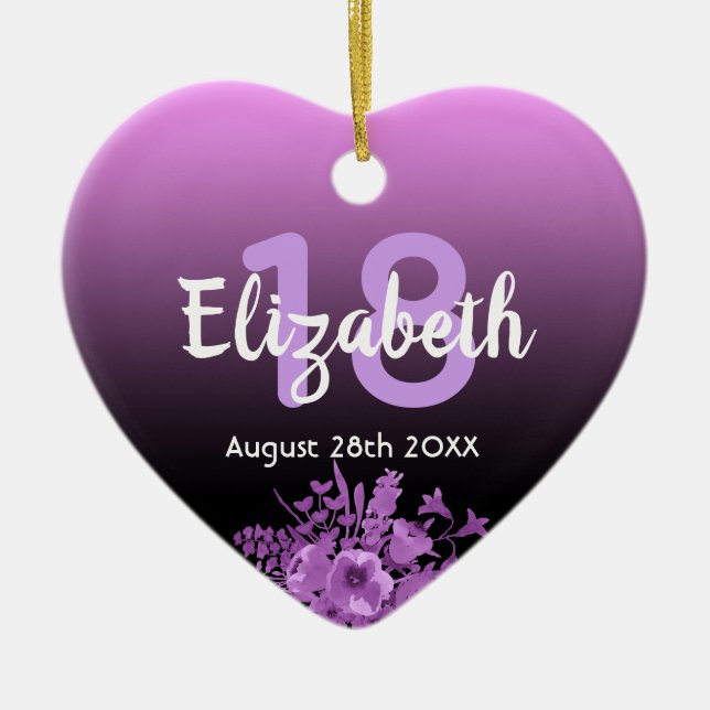 Adorno De Cerámica 18 años nombre morado floral negro (Frente)
