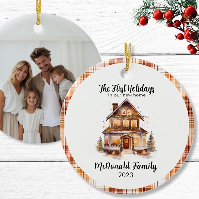Adorno De Cerámica 1.ª Fiesta Naranja Brown Gingham Boho (1st_holidays_new_home_orange_brown_70s_retro_vibe_ceramic_ornament)