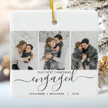 Adorno De Cerámica 1.ᵉʳ Navidad involucrado con 3 guiones de color gr<br><div class="desc">Conmemore su compromiso con este hermoso adorno de conservas moderno. El texto gris dice "Nuestra primera Navidad comprometida", con la palabra "comprometida" en un elegante guión de escritura a mano con flores antes y después. Reemplace las tres imágenes de ejemplo con sus fotos verticales favoritas y agregue sus nombres y...</div>