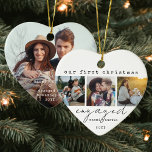 Adorno De Cerámica 1.ᵉʳ Navidad involucrado con un mínimo único 4 cor<br><div class="desc">Celebra la alegre primera festividad de tu compromiso con un collage de fotos del personalizado 4 "Nuestra primera Navidad comprometida" en forma de corazón adorno cerámico. Todos los textos e imágenes de esta plantilla son fáciles de personalizar. (IMAGEN PLACEMENT TIP: Una manera fácil de posicionar una imagen exactamente como se...</div>