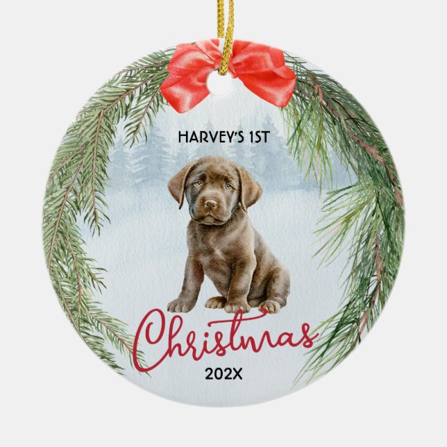 Adorno De Cerámica 1.ᵉʳ Navidad Wreath Brown Labrador (Frente)