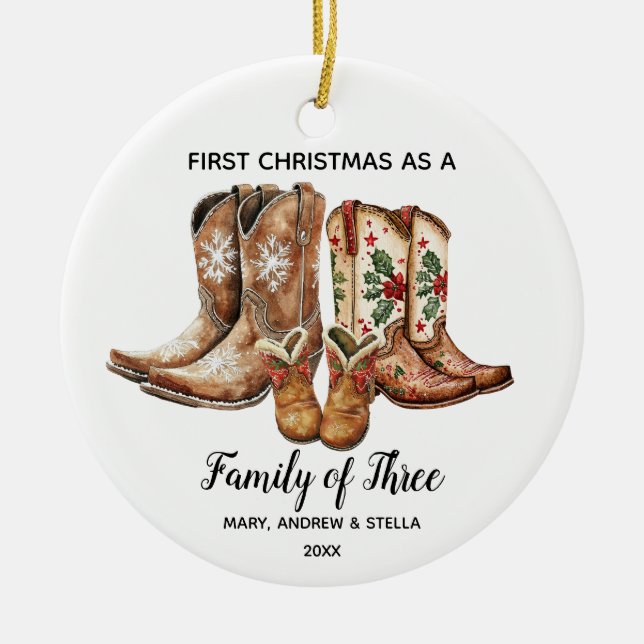 Adorno De Cerámica 1.ᵉʳ Navidades de la familia de tres Cowboy Keepsa (Frente)