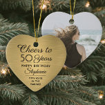 Adorno De Cerámica 1 Foto Cada Año Cumpleaños Cepillado Faux Gold Hea<br><div class="desc">¡Salud a 50 años (o cualquier otro número de años)! Celebra un feliz cumpleaños para ella con un personalizado de foto corazón en forma de morada de cerámica dorada y negra. La imagen y el texto (incluidos los años) en esta plantilla son fáciles de personalizar. El diseño cuenta con un...</div>