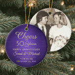 Adorno De Cerámica 1 Foto CUALQUIER Aniversario Saluda Con Oro Púrpur<br><div class="desc">¡Salud y Feliz Aniversario! Celebrar cualquier año aniversario de bodas con una foto personalizado morado y adorno de cerámica redonda de oro. Imagen, número de años, nombres de pareja y fecha de matrimonio en esta plantilla son todos sencillos de personalizar. El diseño presenta un fondo metálico malva, una tipografía de...</div>